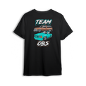 T-shirt featuring a brown OBS Tahoe and teal single cab truck stacked vertically with Team OBS text in bold teal and white.