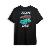 T-shirt featuring a brown OBS Tahoe and teal single cab truck stacked vertically with Team OBS text in bold teal and white.