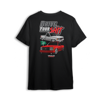 T-shirt showing silver and red OBS trucks with bold Drive Your Sh*t text and Team OBS tags. Built for driven trucks not parked ones.