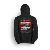 Hoodie featuring two slammed white OBS 400 trucks stacked over red and grey 400SS text with Team OBS branding.