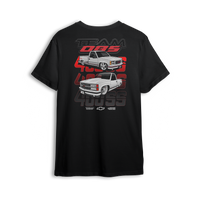 T-shirt featuring two slammed white OBS 400 trucks stacked over red and grey 400SS text with Team OBS branding.