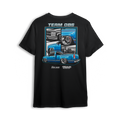 T-shirt featuring a blue OBS truck shown from multiple angles in panel layout from The Drop Shop x Team OBS collaboration.