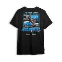 T-shirt featuring a blue OBS truck shown from multiple angles in panel layout from The Drop Shop x Team OBS collaboration.