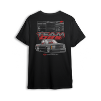 T-shirt featuring black 454SS truck with red trim, Team OBS lettering, and detailed close-up panels of front, side, and wheels.