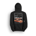 Hoodie featuring a bright orange OBS extended cab truck on digital grid background with grayscale reflection and Team OBS text.