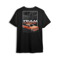 T-shirt featuring a bright orange OBS extended cab truck on digital grid background with grayscale reflection and Team OBS text.