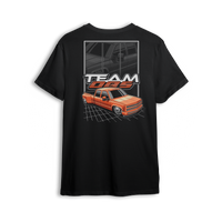 T-shirt featuring a bright orange OBS extended cab truck on digital grid background with grayscale reflection and Team OBS text.