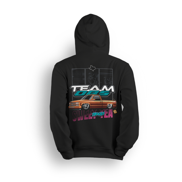 Hoodie featuring a copper OBS crew cab truck with Team OBS and Texas Sweet Tea lettering, close-up detail panels, and tea tag graphic.