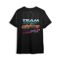 T-shirt featuring a copper OBS crew cab truck with Team OBS and Texas Sweet Tea lettering, close-up detail panels, and tea tag graphic.