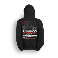 Hoodie with black and white OBS trucks in stacked layout, red 454SS styling, and bold Team OBS and Chevrolet branding.