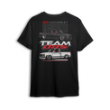 T-shirt with black and white OBS trucks in stacked layout, red 454SS styling, and bold Team OBS and Chevrolet branding.