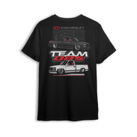 T-shirt with black and white OBS trucks in stacked layout, red 454SS styling, and bold Team OBS and Chevrolet branding.
