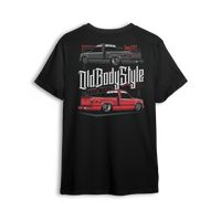 T-shirt with red and black OBS long bed trucks, bold Old Body Style text, and detailed Team OBS graphic.