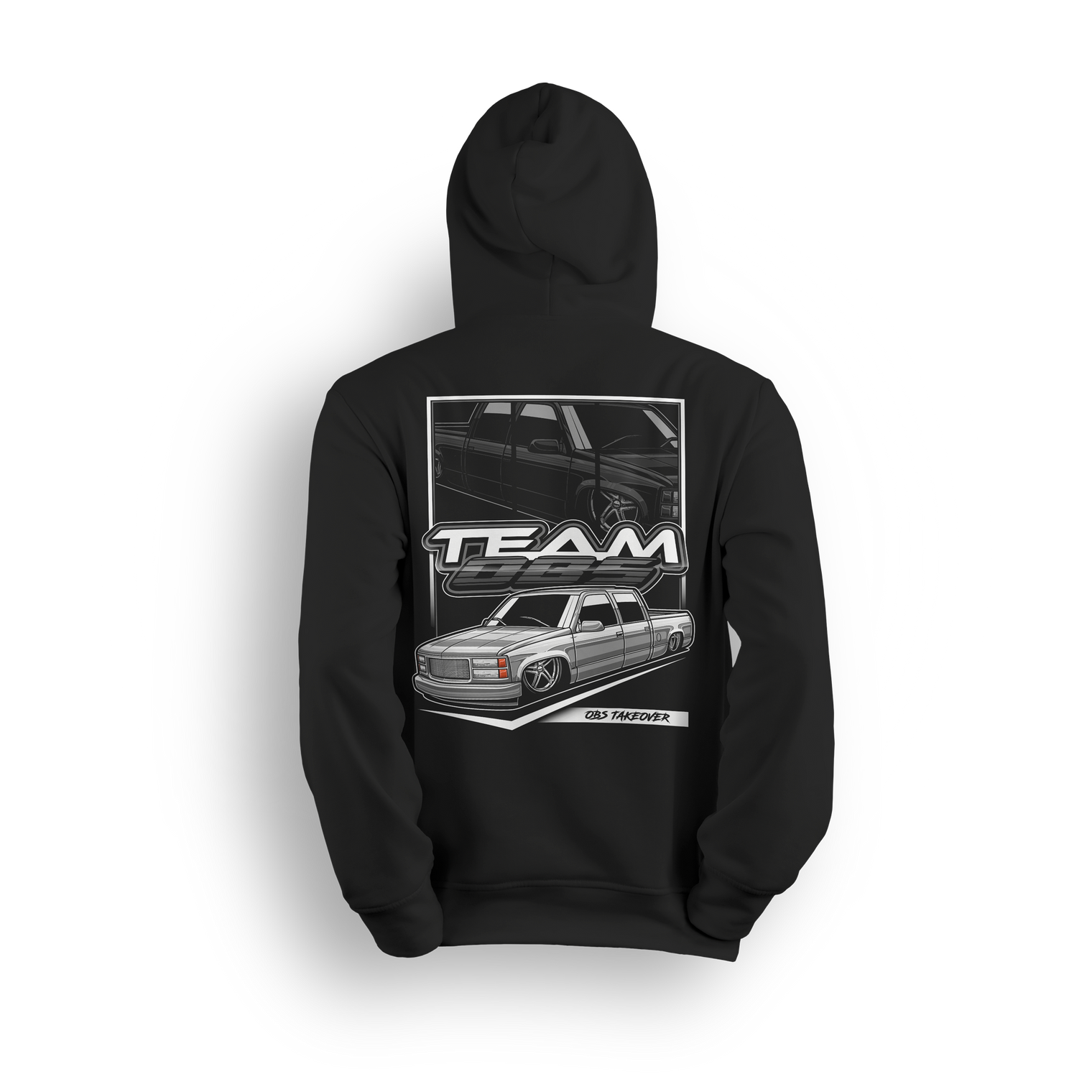 Tuck N Roll hoodie featuring white OBS truck with tucked wheels and custom stance. A clean nod to the real drop scene.