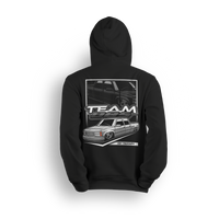 Tuck N Roll hoodie featuring white OBS truck with tucked wheels and custom stance. A clean nod to the real drop scene.