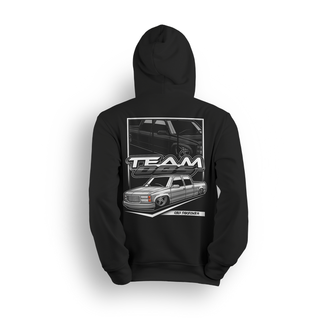 Tuck N Roll hoodie featuring white OBS truck with tucked wheels and custom stance. A clean nod to the real drop scene.