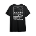 Tuck N Roll t-shirt featuring white OBS truck with tucked wheels and custom stance. A clean nod to the real drop scene.