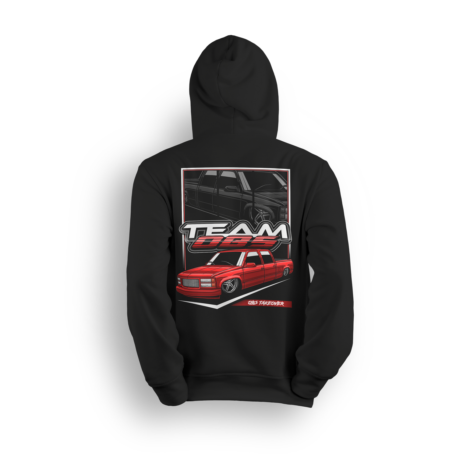Tuck N Roll hoodie featuring red OBS truck with tucked wheels and custom stance. A clean nod to the real drop scene.