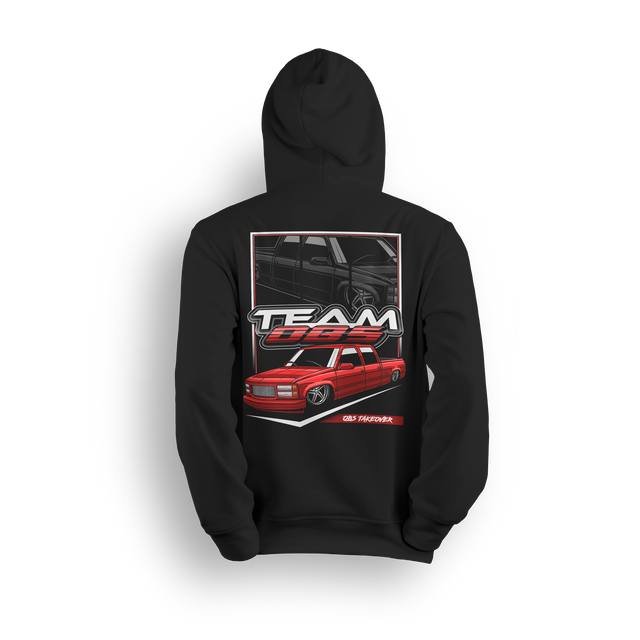 Tuck N Roll hoodie featuring red OBS truck with tucked wheels and custom stance. A clean nod to the real drop scene.