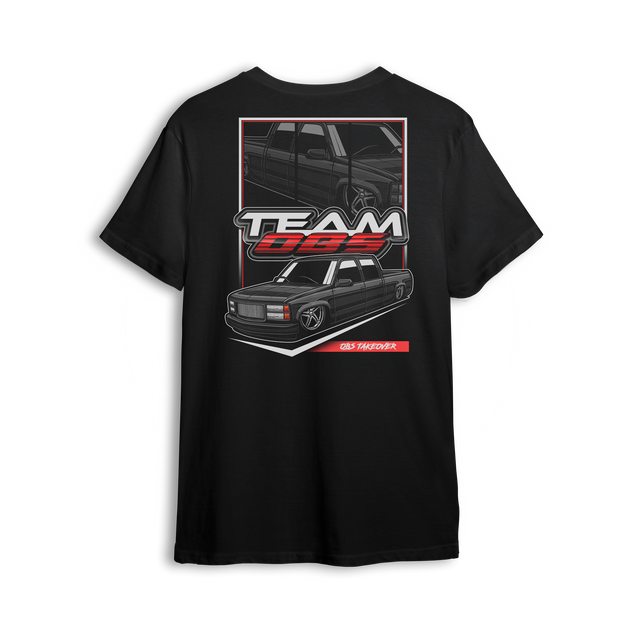 Tuck N Roll t-shirt featuring black OBS truck with tucked wheels and custom stance. A clean nod to the real drop scene.
