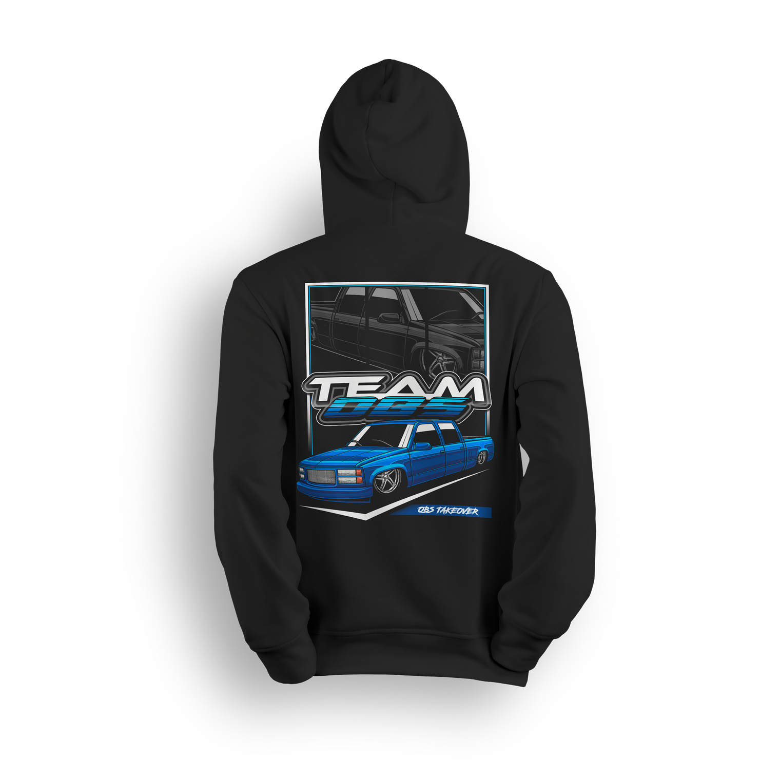 Tuck N Roll hoodie featuring blue OBS truck with tucked wheels and custom stance. A clean nod to the real drop scene.