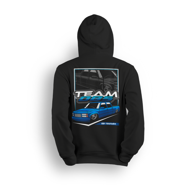 Tuck N Roll hoodie featuring blue OBS truck with tucked wheels and custom stance. A clean nod to the real drop scene.