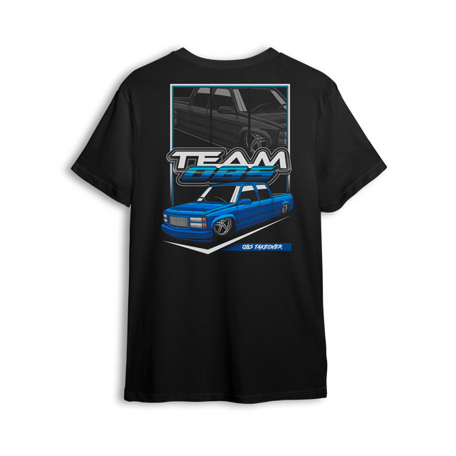 Tuck N Roll t-shirt featuring blue OBS truck with tucked wheels and custom stance. A clean nod to the real drop scene.