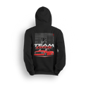 Black OBS Legend hoodie from TeamOBSOFFICIAL.com featuring red slammed Chevy truck and garage sketch background