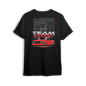 Black OBS Legend t-shirt from TeamOBSOFFICIAL.com featuring red slammed Chevy truck and garage sketch background