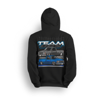 Black hoodie featuring a slammed OBS truck design from The Drop Shop x Team OBS collab