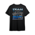 Black t-shirt featuring a slammed OBS truck design from The Drop Shop x Team OBS collab
