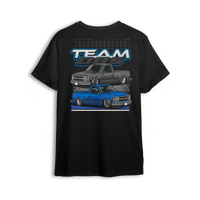 Black t-shirt featuring a slammed OBS truck design from The Drop Shop x Team OBS collab
