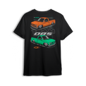 Black t-shirt featuring slammed OBS trucks in orange and mint with Team OBS graphics