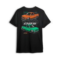 Black t-shirt featuring slammed OBS trucks in orange and mint with Team OBS graphics