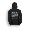 Black hoodie with slammed red and blue OBS trucks and motion TEAM OBS graphics