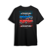 Black t-shirt with slammed red and blue OBS trucks and motion TEAM OBS graphics