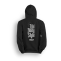 Black hoodie with vertical Old Body Style gothic lettering and TEAM OBS logo