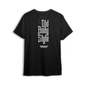 Black t-shirt with vertical Old Body Style gothic lettering and TEAM OBS logo
