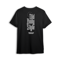 Black t-shirt with vertical Old Body Style gothic lettering and TEAM OBS logo