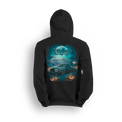 Team OBS Halloween hoodie with slammed single cab and ghost SUV art in a spooky cemetery scene with pumpkins and moonlight