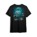 Team OBS Halloween tee with slammed single cab and ghost SUV art in a spooky cemetery scene with pumpkins and moonlight