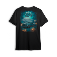 Team OBS Halloween tee with slammed single cab and ghost SUV art in a spooky cemetery scene with pumpkins and moonlight
