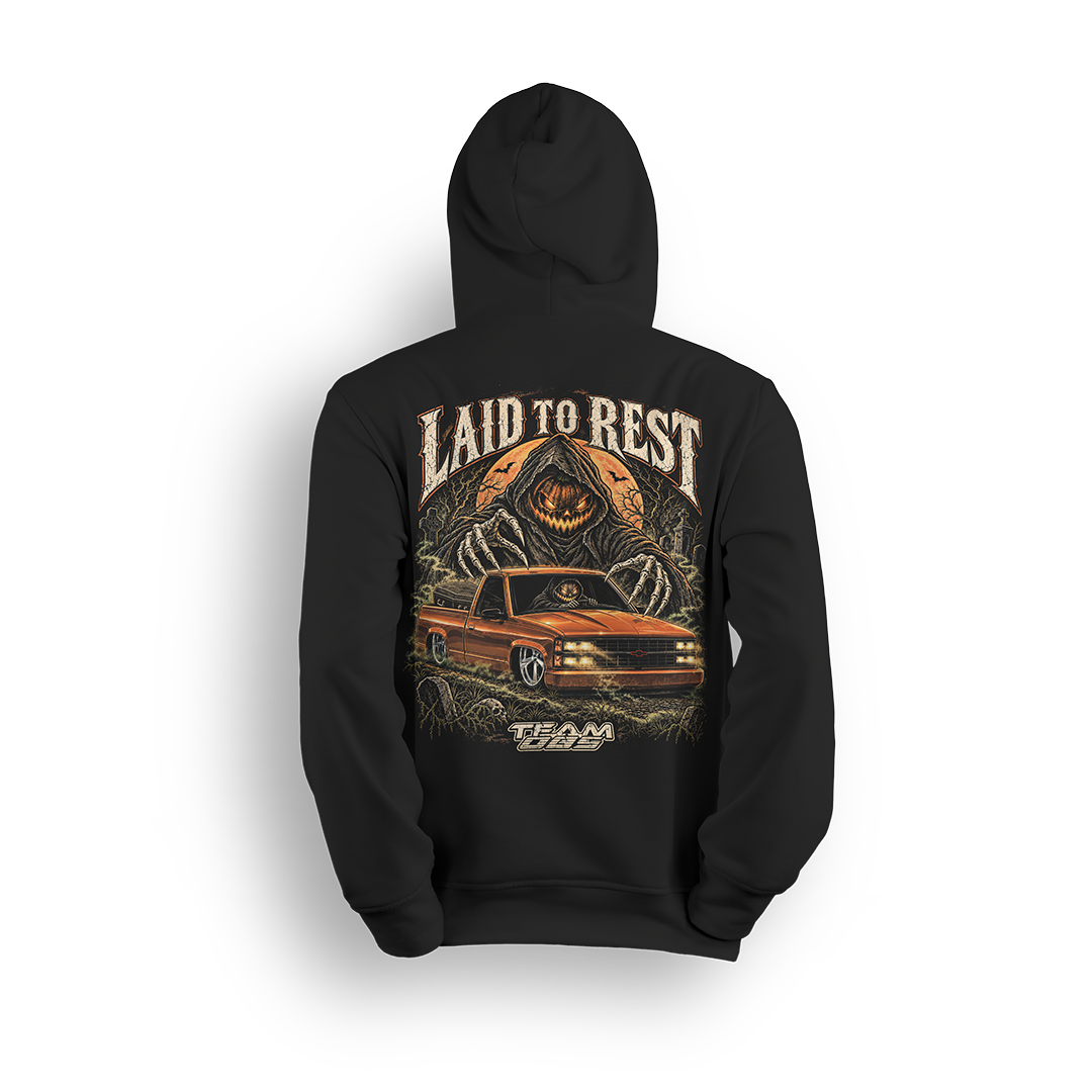Laid to Rest Team OBS hoodie, back print – pumpkin reaper and slammed OBS Chevy hauling a coffin