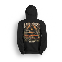 Laid to Rest Team OBS hoodie, back print – pumpkin reaper and slammed OBS Chevy hauling a coffin