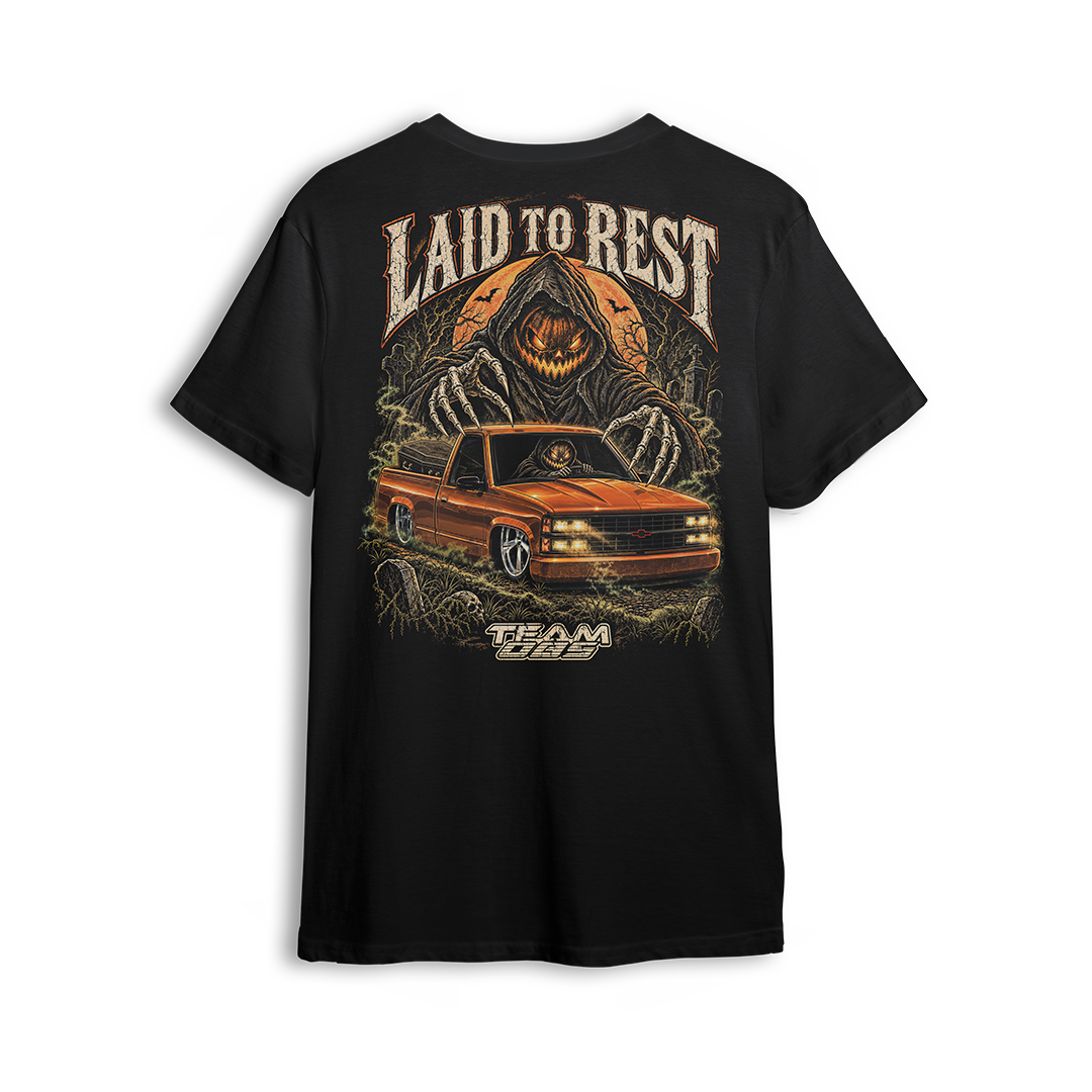 Laid to Rest Team OBS tee, back print – pumpkin reaper and slammed OBS Chevy hauling a coffin