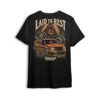 Laid to Rest Team OBS tee, back print – pumpkin reaper and slammed OBS Chevy hauling a coffin