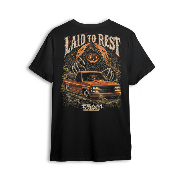 Laid to Rest Team OBS tee, back print – pumpkin reaper and slammed OBS Chevy hauling a coffin