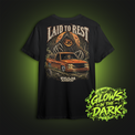 Laid to Rest glow in the dark Team OBS tee, back print – pumpkin reaper and slammed OBS Chevy hauling a coffin