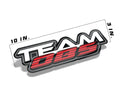 Team OBS decal measuring 10 inches by 3 inches with red and white layered logo on gloss vinyl