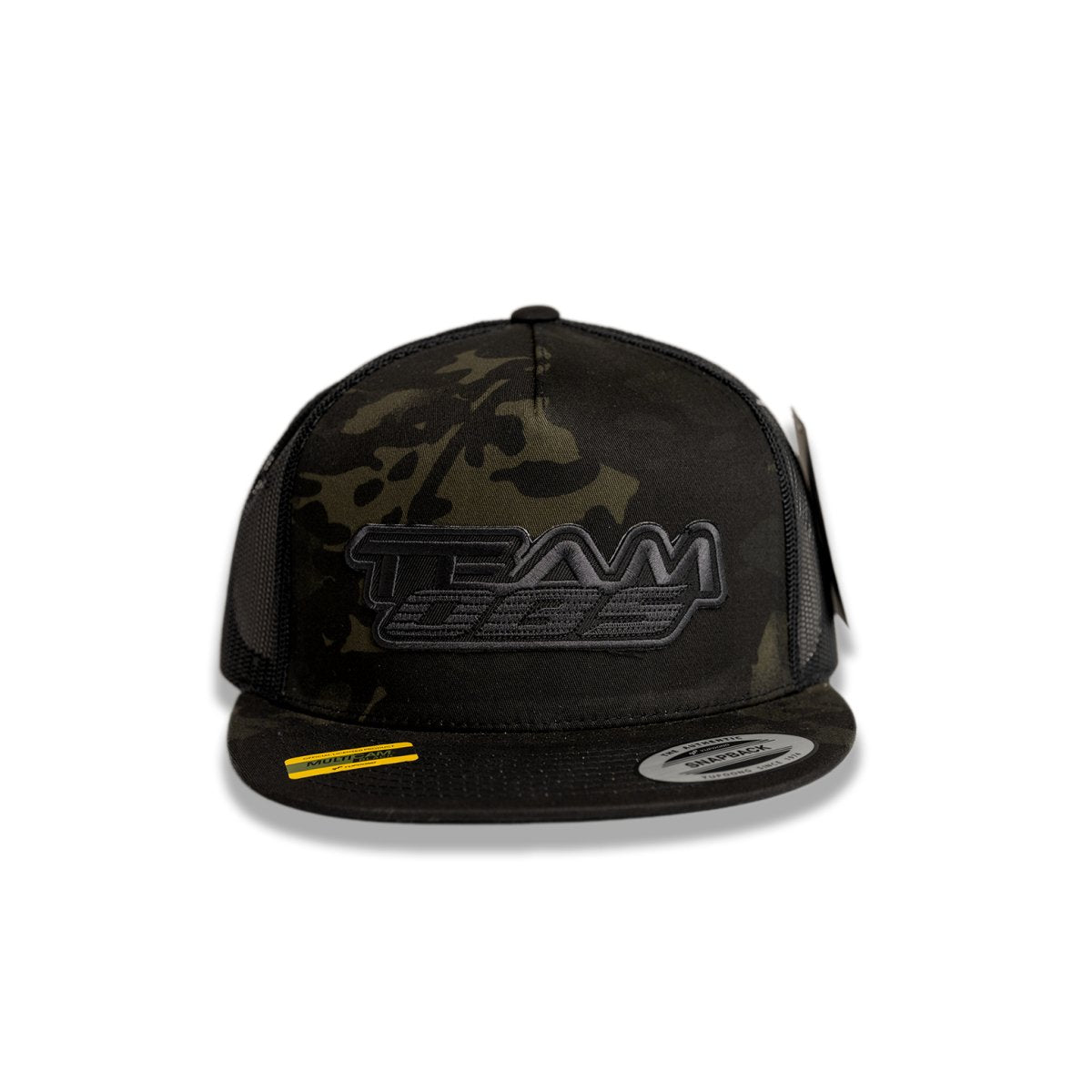 Stealth camo flat bill snapback hat with black mesh and 3D Team OBS logo embroidery